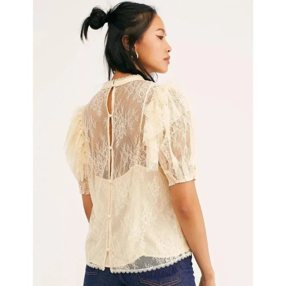 Free People‎ women's XS cream overlay lace puff high neck sleeve blouse
